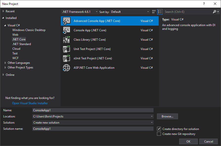 Visual Studio: New Project Dialog